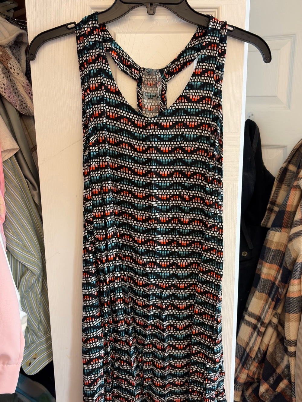 Sleeveless Patterned Maxi Dress in Black, Teal & Coral